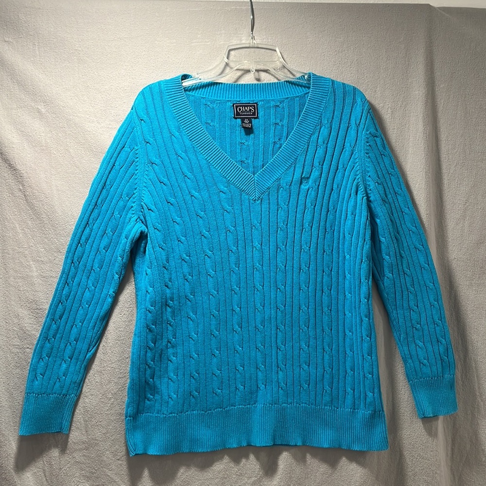Cerulean Blue, Chunky, Cable Knit, V-Neck, Long Sleeve Sweater by Chaps in 2X